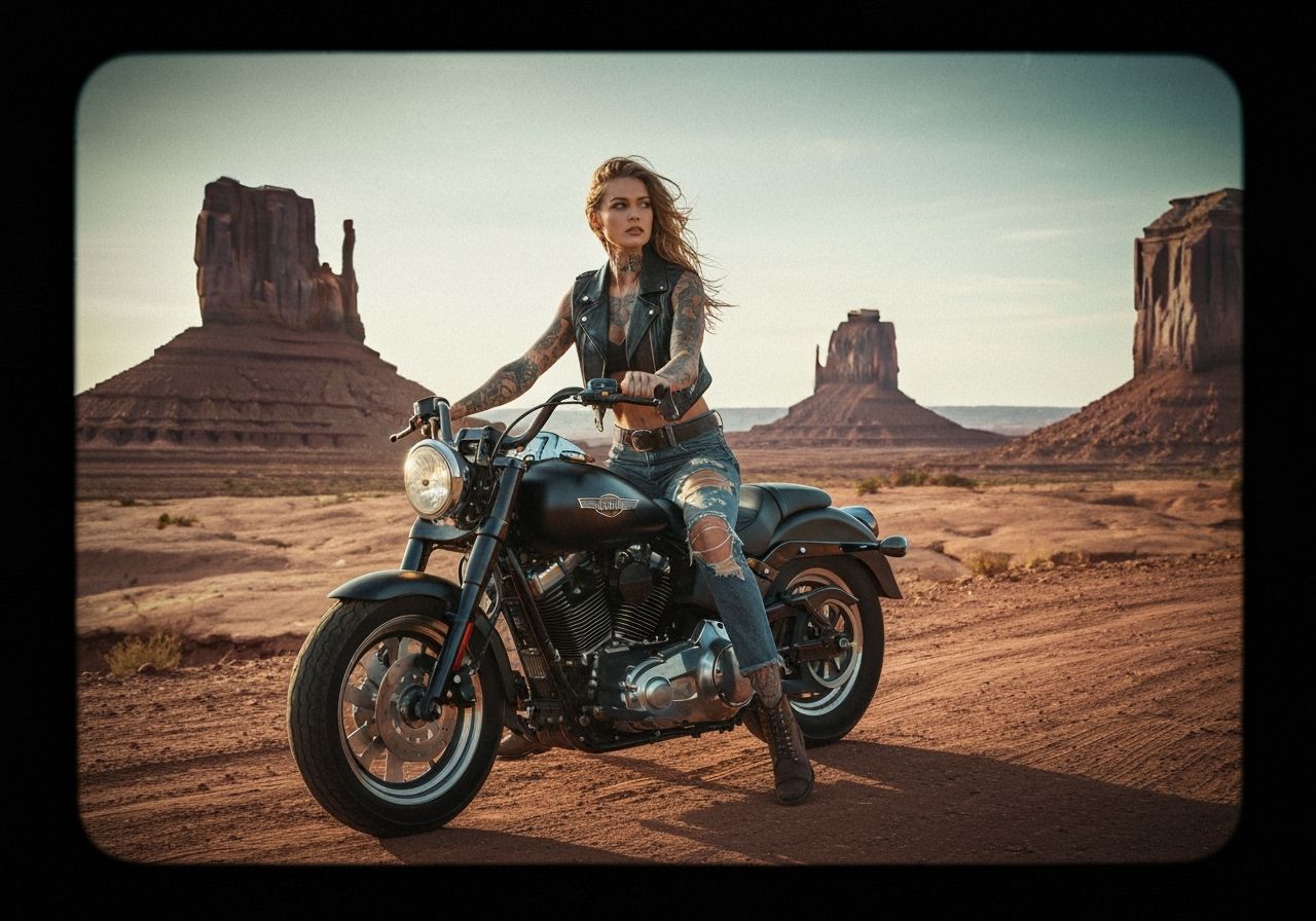 Fairy on Harley Davidson Rides Through Monument Valley