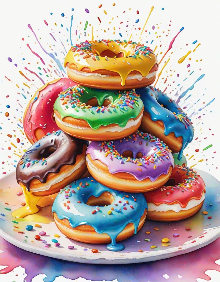 Rainbow Sprinkled Donuts in Watercolor Splash Art