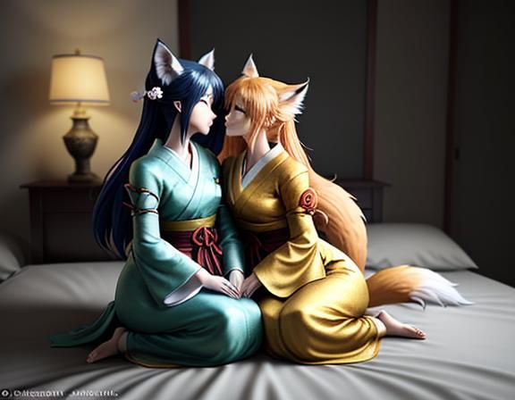 Romantic Kitsune Kiss in Manga Style
