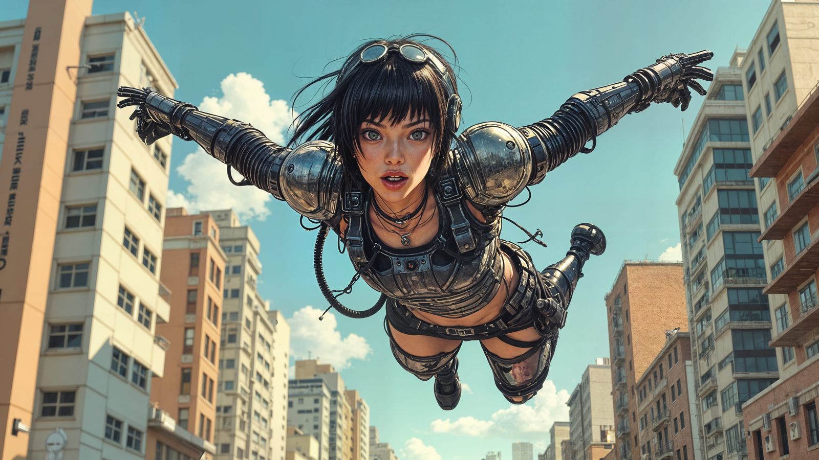 Cyberpunk Action Hero Descends in a Futuristic Cityscape