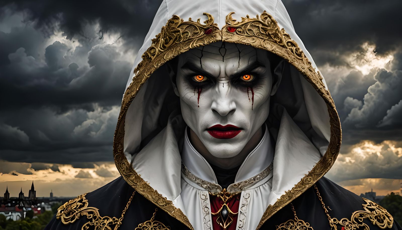 Hooded Vampire with Golden Eyes and Red Lips
