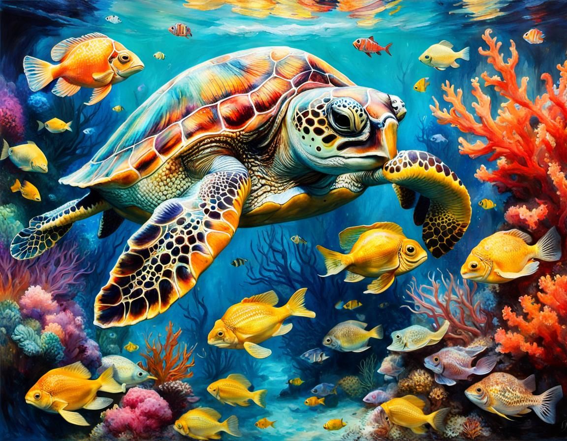 a turtle swimming playing among brightly coloured fish