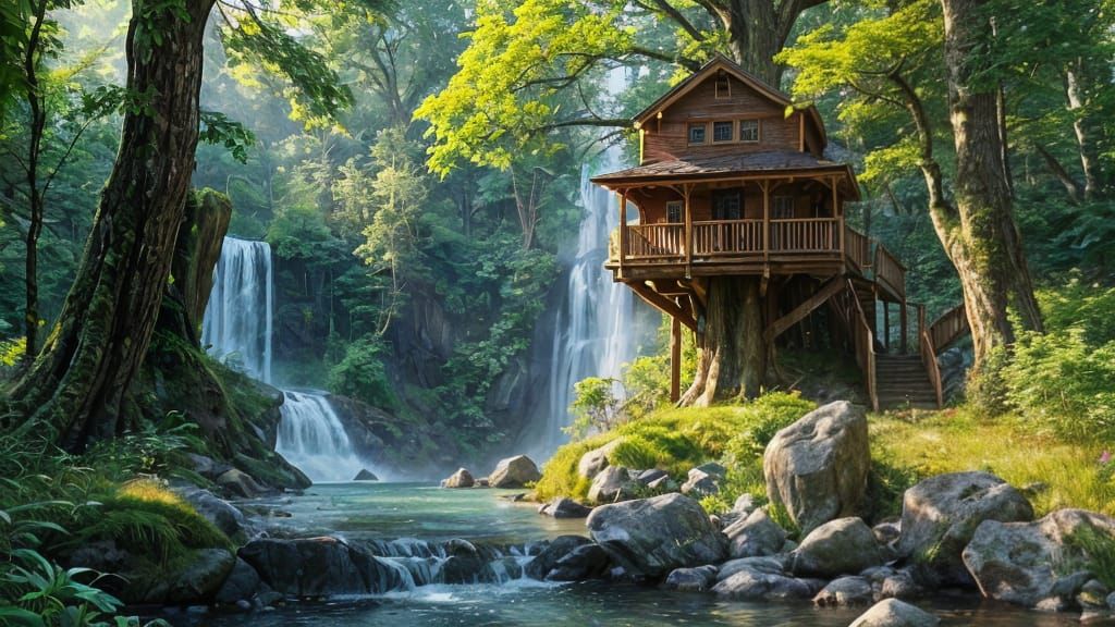 Majestic Treehouse Overlooking Waterfall in Lush Forest