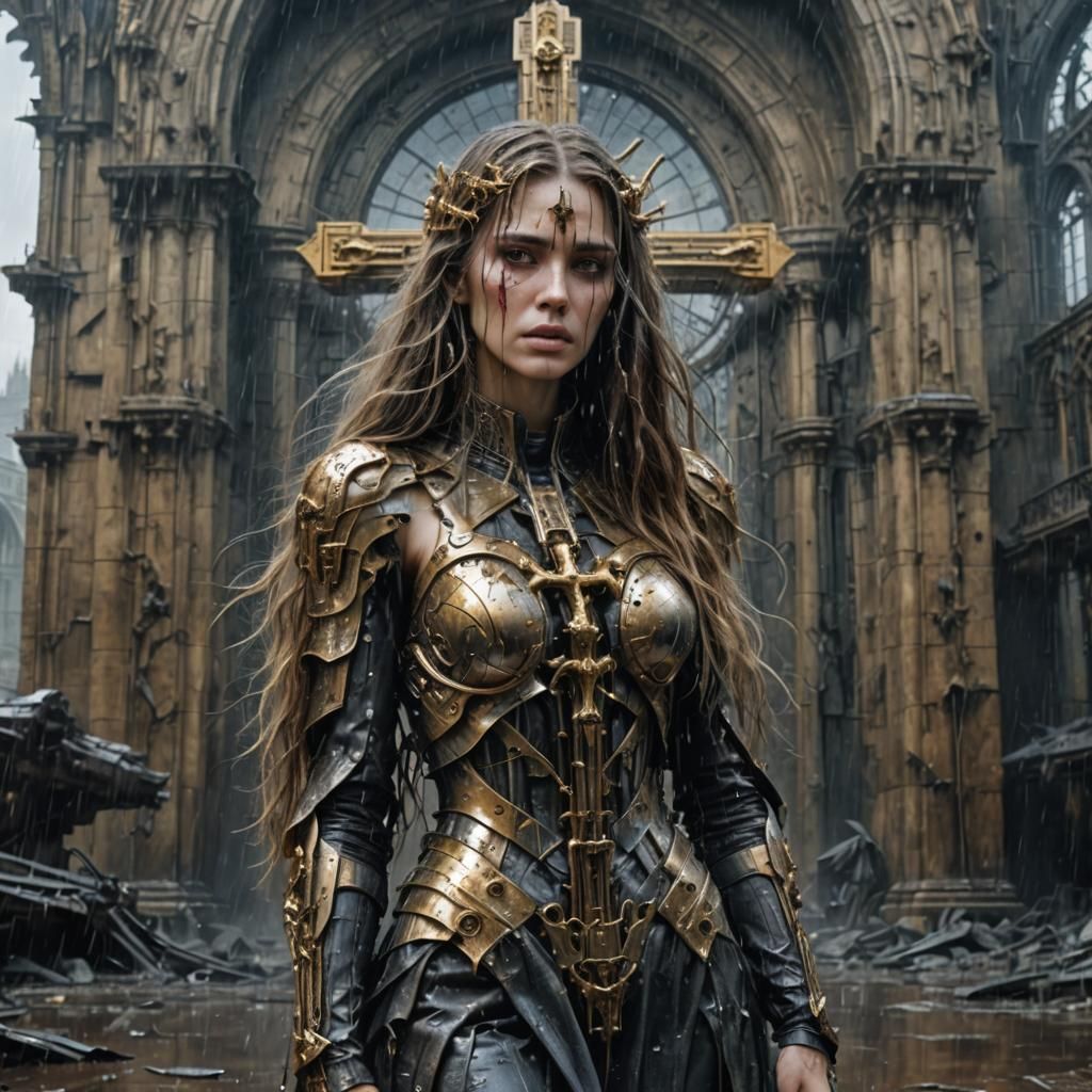 Crying Cyborg Woman in Neon Cathedral: Sci-Fi Art