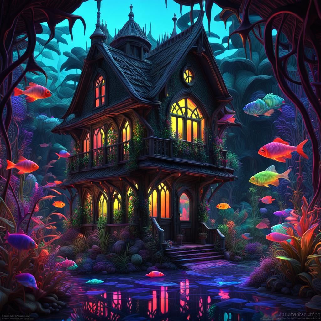 Black light art, fantasy farmhouse
