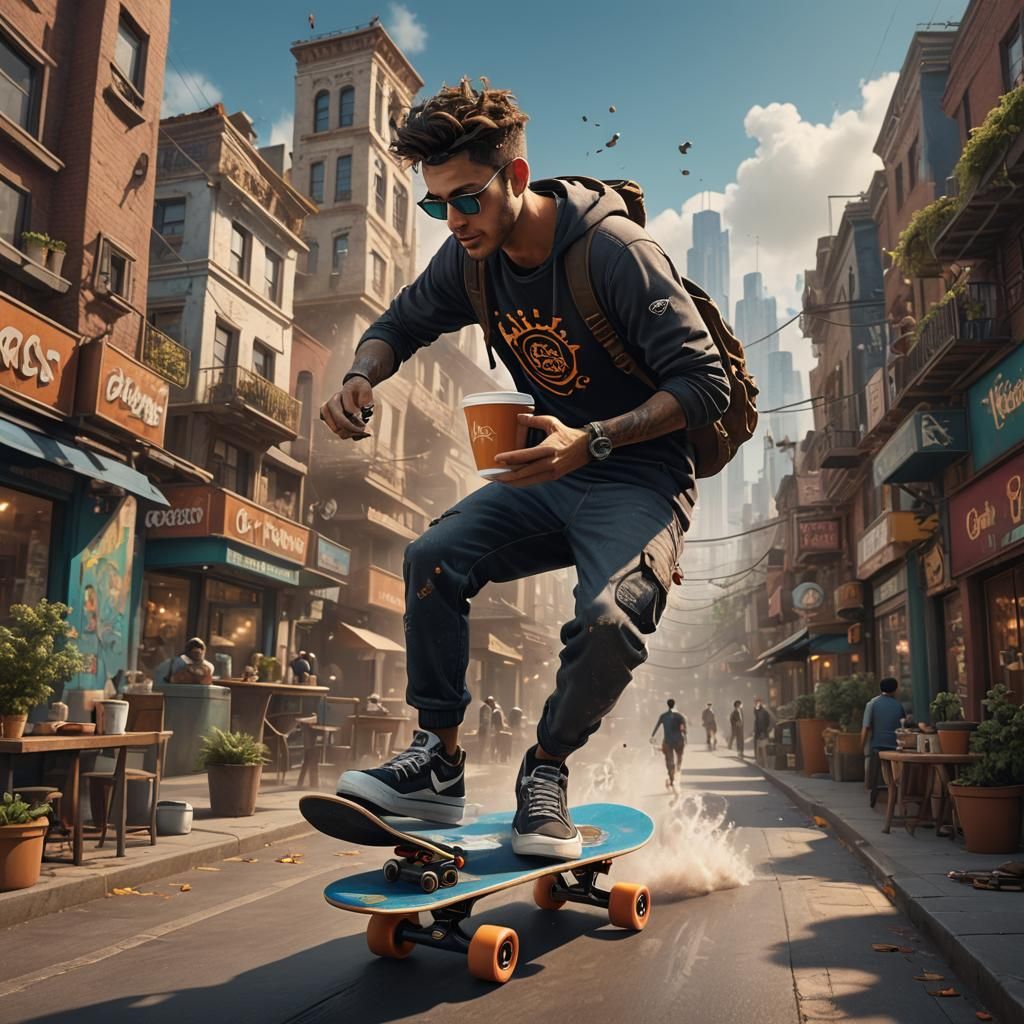 Man Skateboarding with Coffee: Detailed Matte Painting