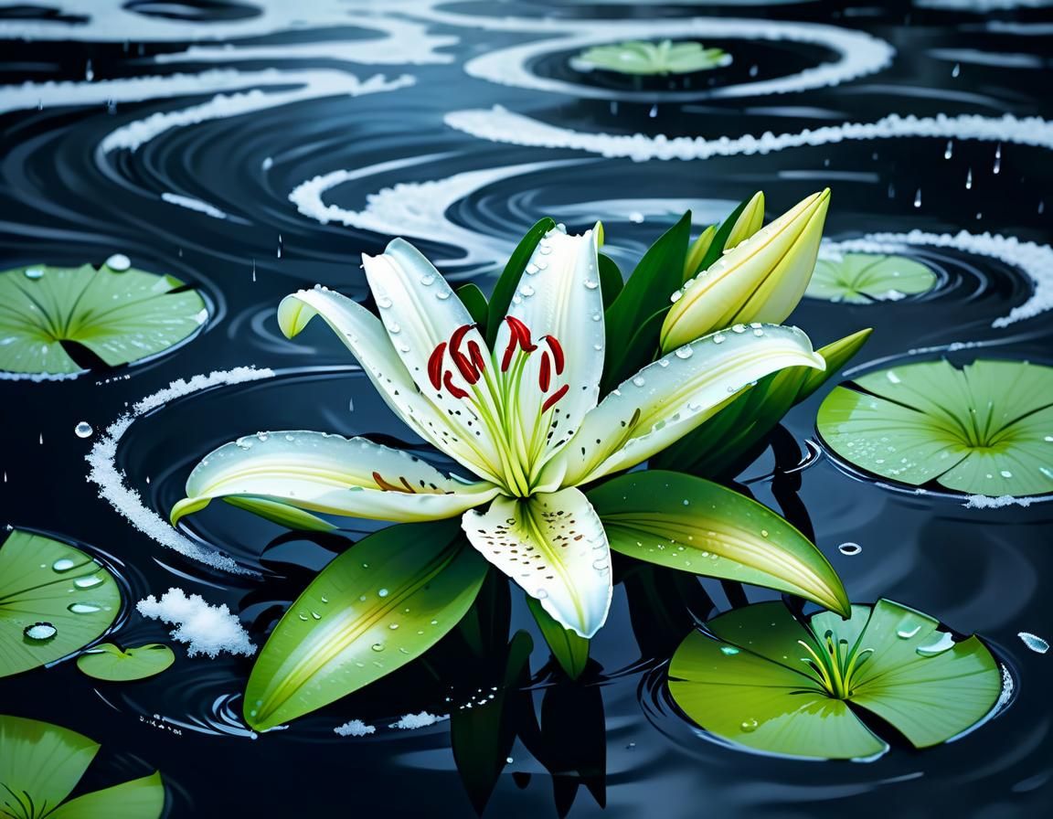 White Lily Floating on Rainy Waves