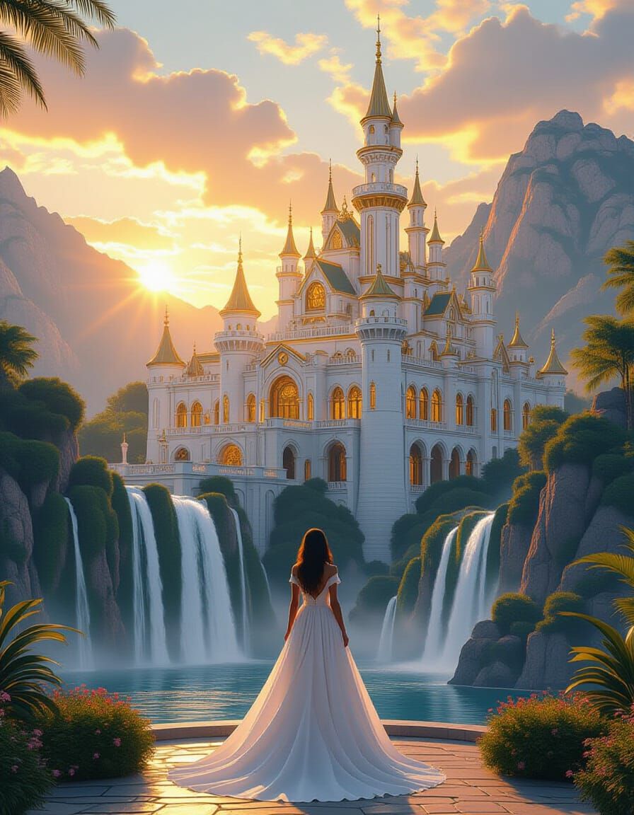 Majestic Royal Palace at Sunset with Flowing White Gown