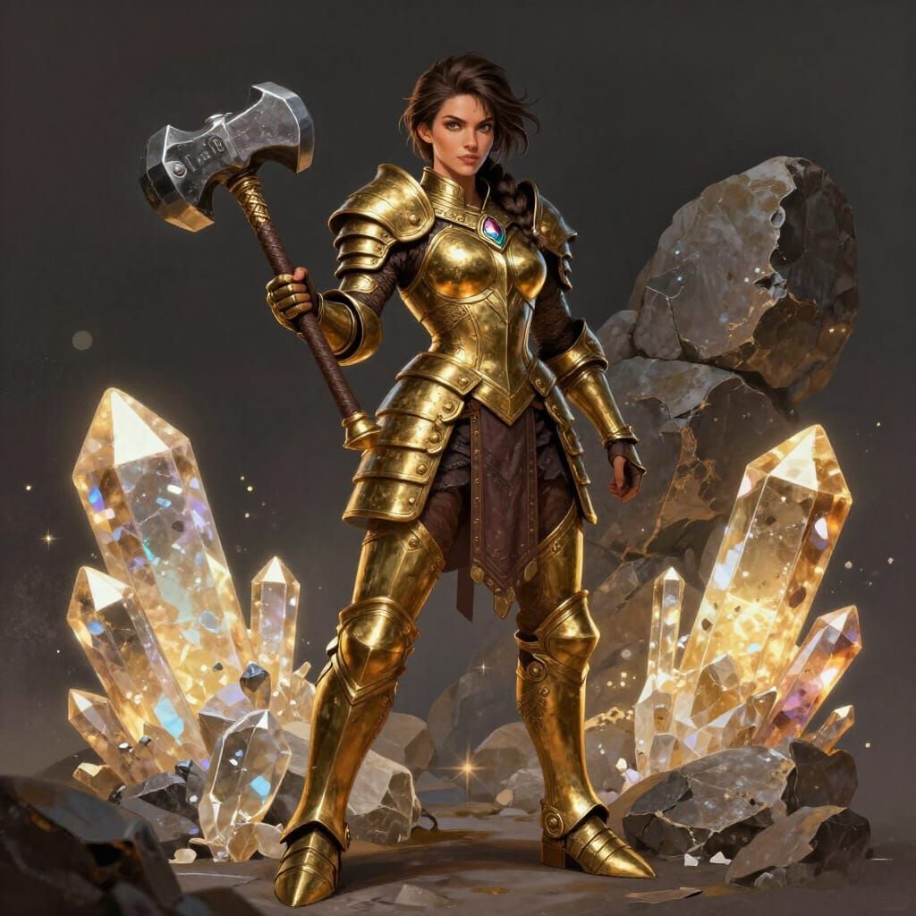 Muscular Woman in Ornate Brass Armor Holding War Hammer