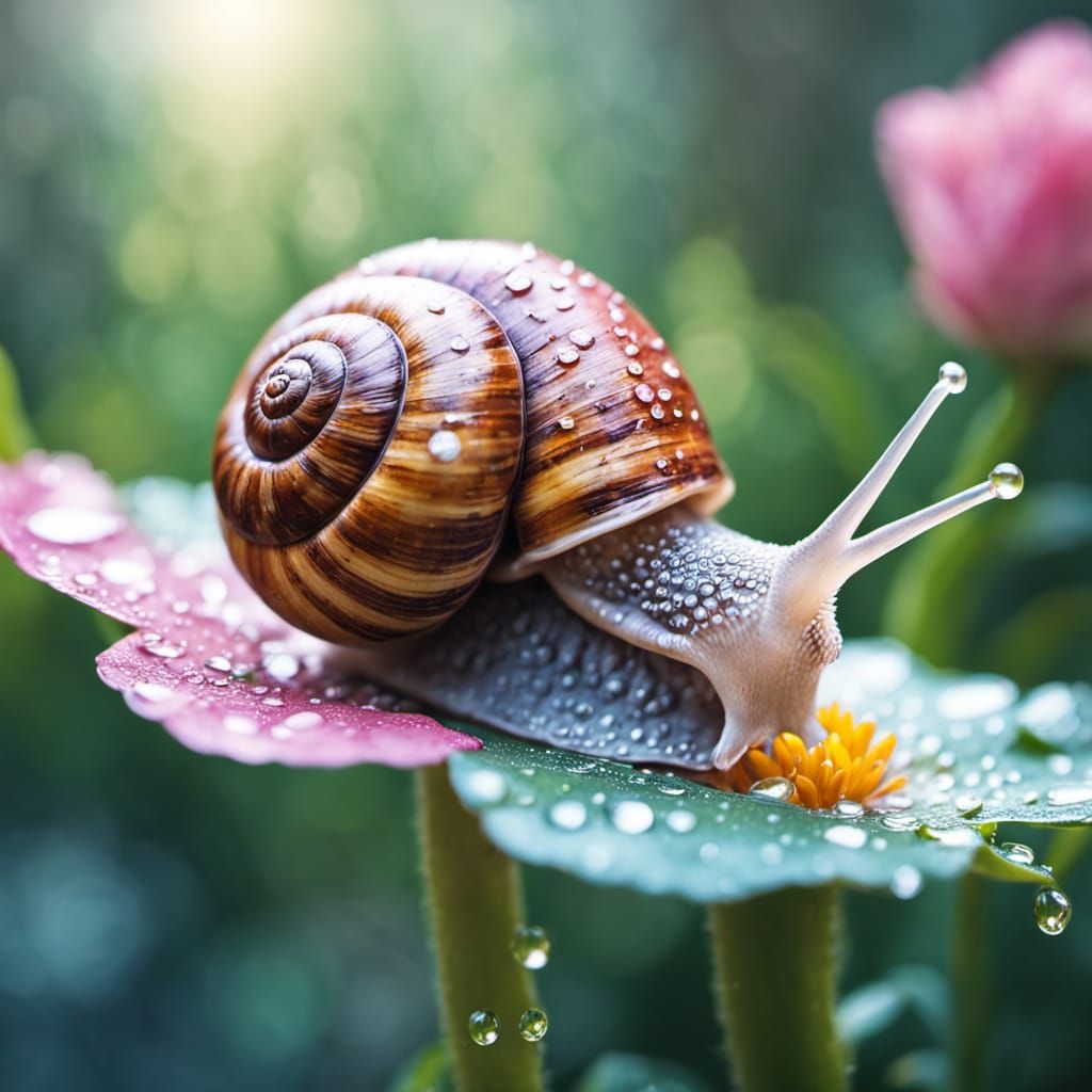 Curious Snail Smelling Flower in Watercolor Style