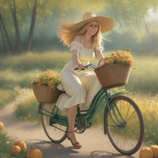 Impressionist Woman Biking Through Gourd Field