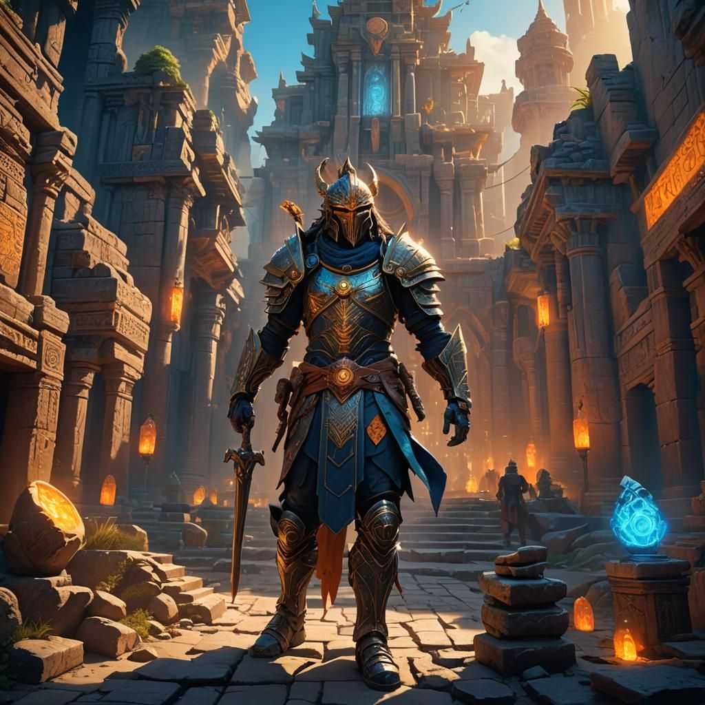 Mystical Warrior in Ancient City: Fantasy Concept Art
