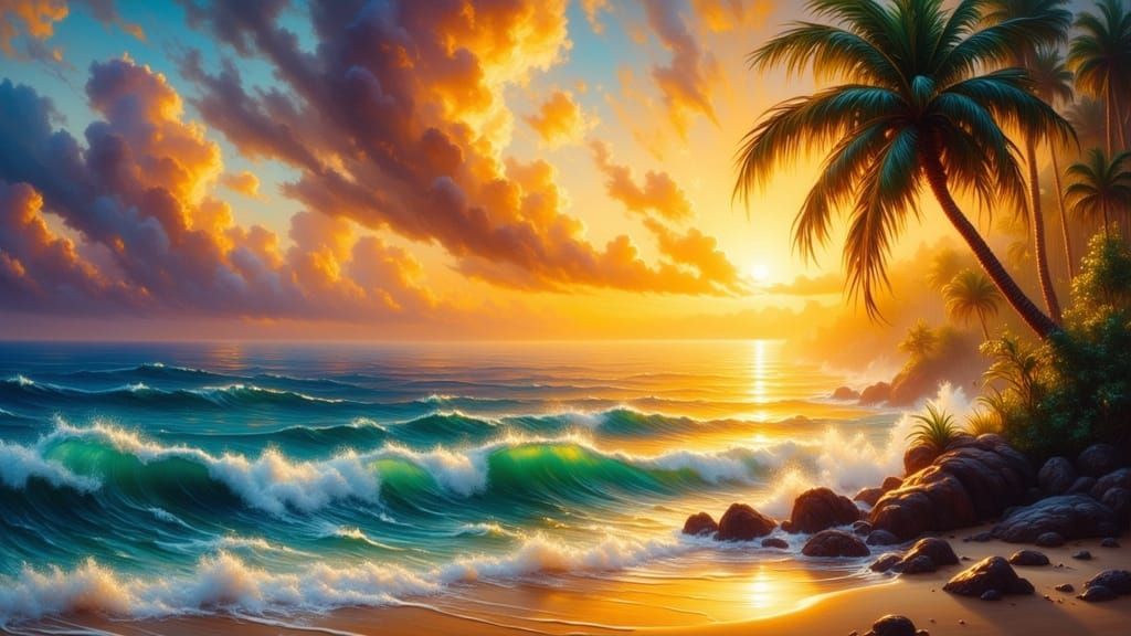 Serene Hawaiian Sunset Over Turquoise Ocean Waves