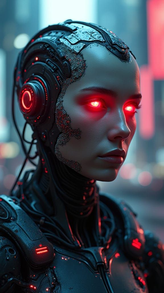 Cyberpunk Android Woman in Neon-Lit Dystopia
