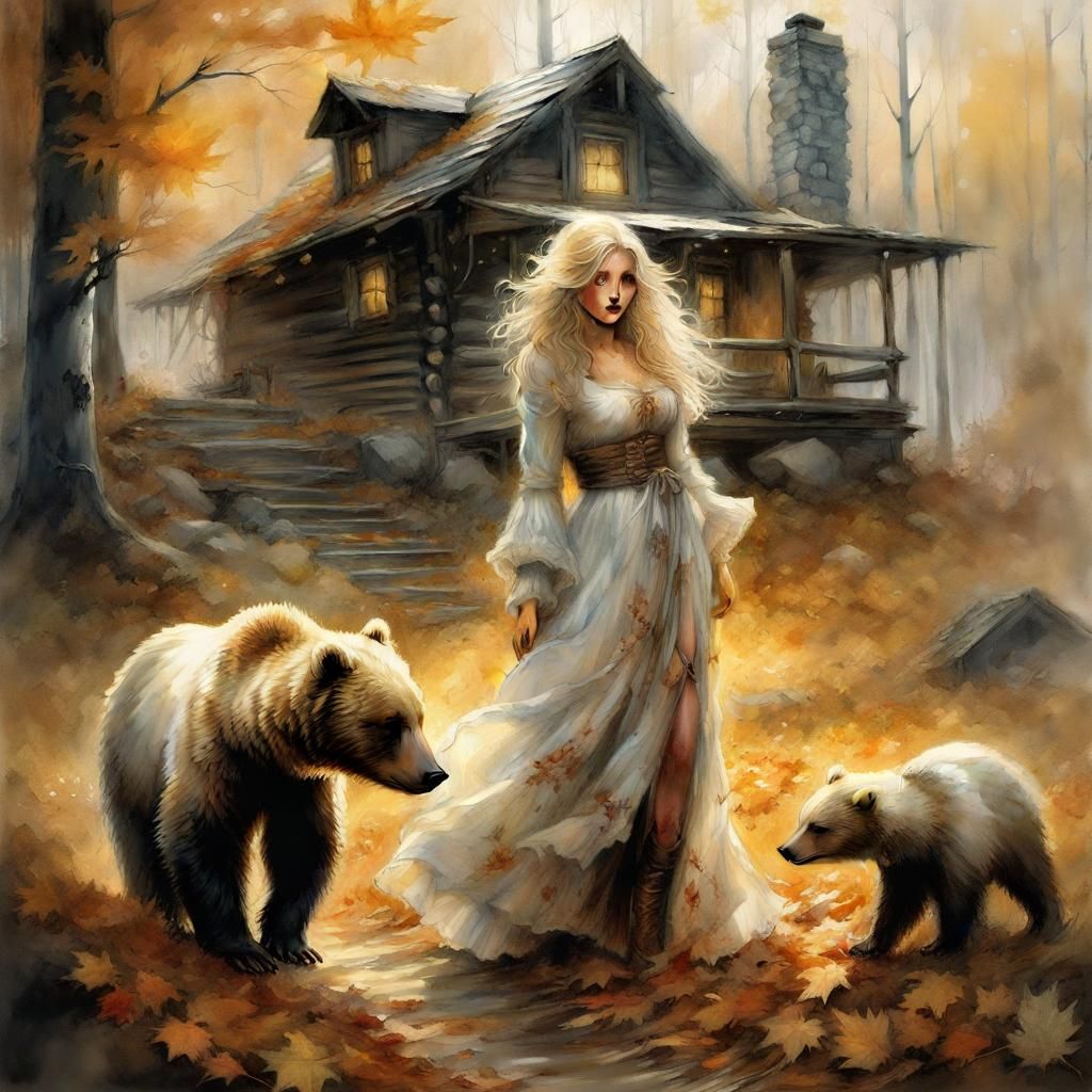 Goldilocks and the Three Bears in Watercolor Style