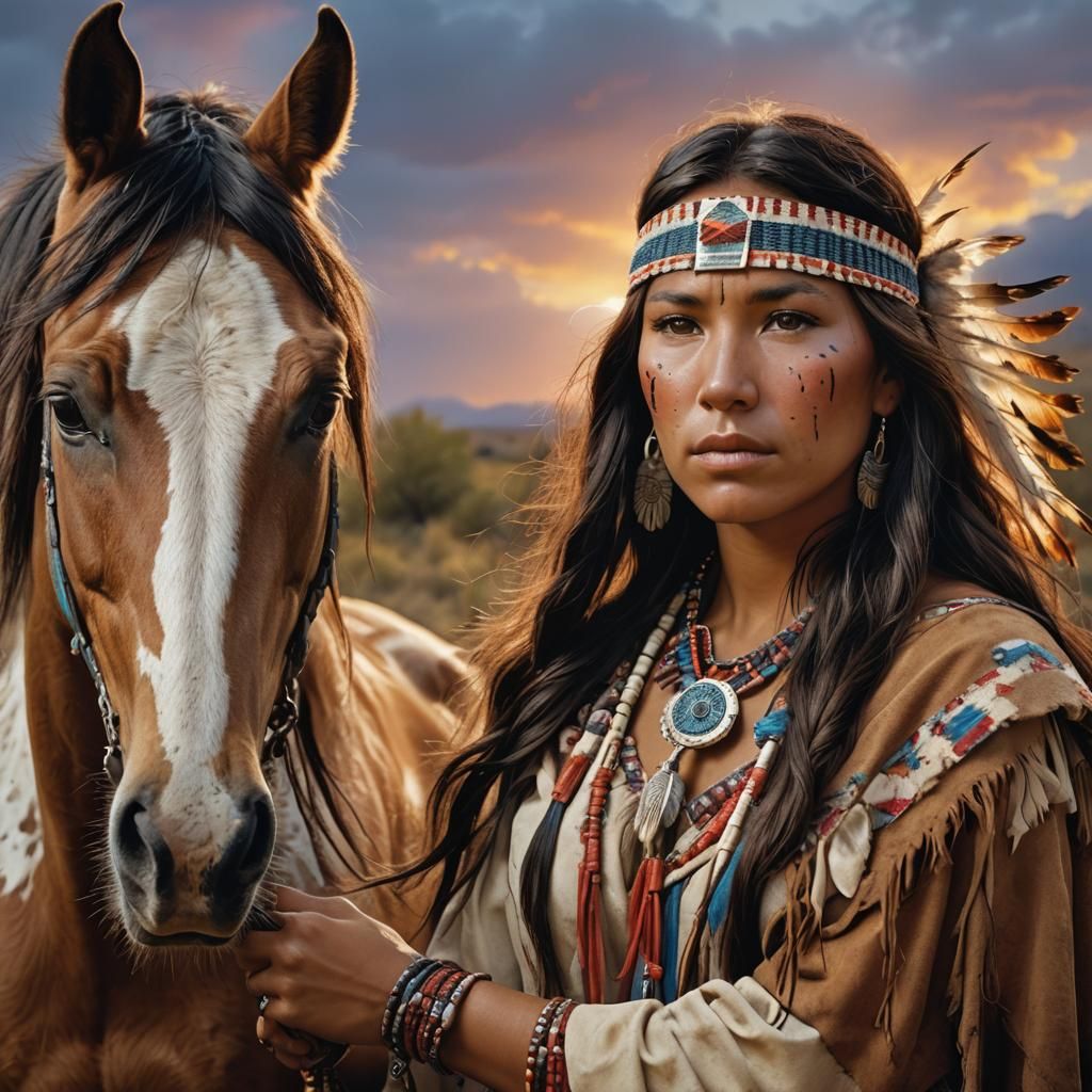 Native American Maiden with Horse Portrait