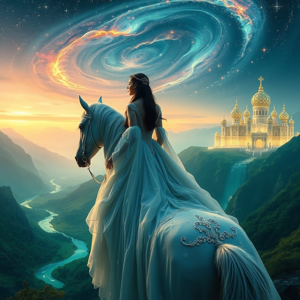 Maiden on Iridescent Horse in Ethereal Twilight