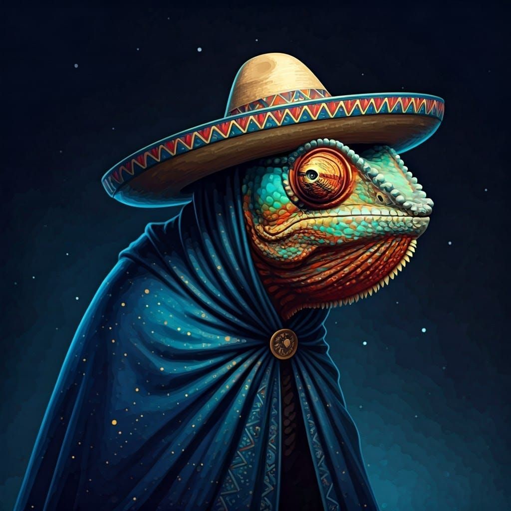 Winged Chameleon in Sombrero: Gouache Jewel-Tone Rendering