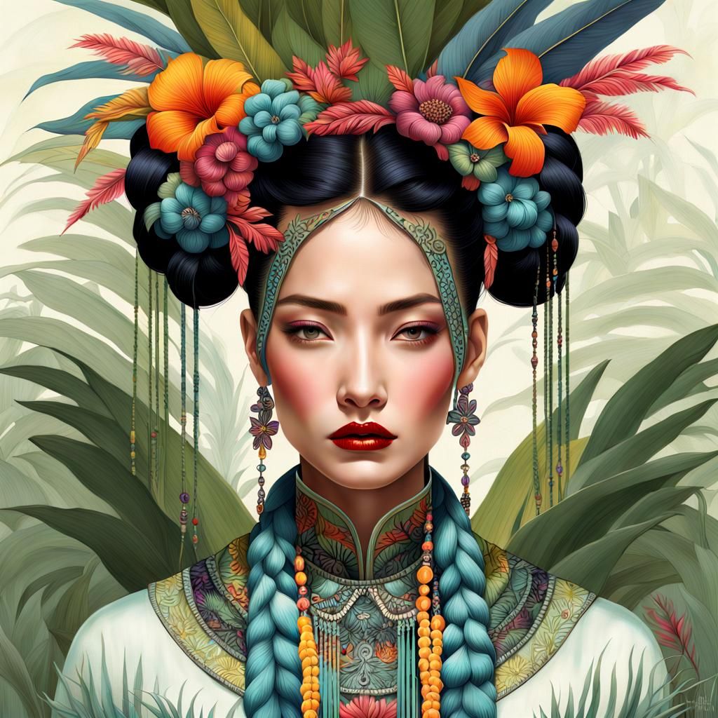 Beautiful Asian Woman in Colorful Digital Portrait