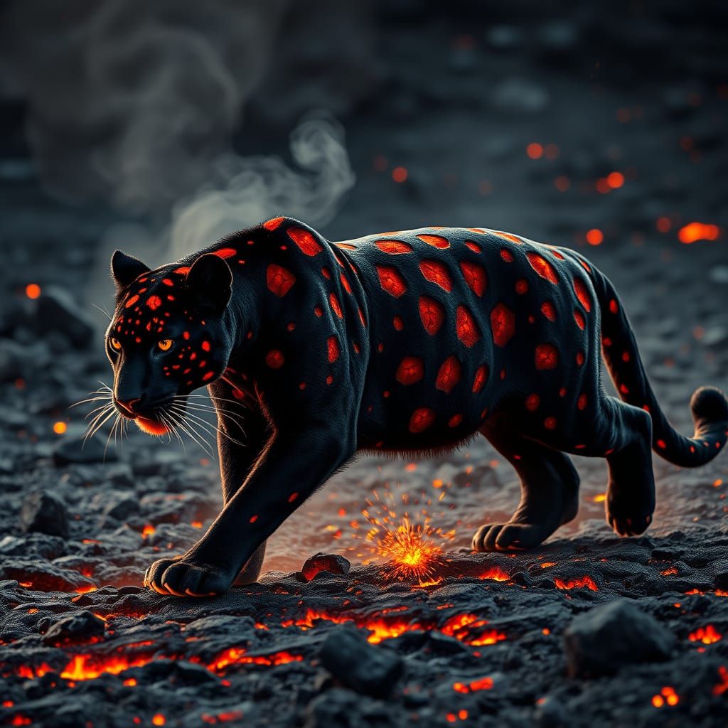 Lava Jaguar on Volcanic Ground: Hyper-Realistic Fantasy