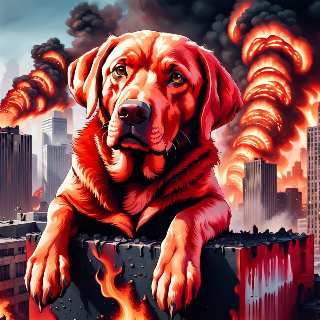 Giant Red Dog Atop Burning City, 3D Digital Art