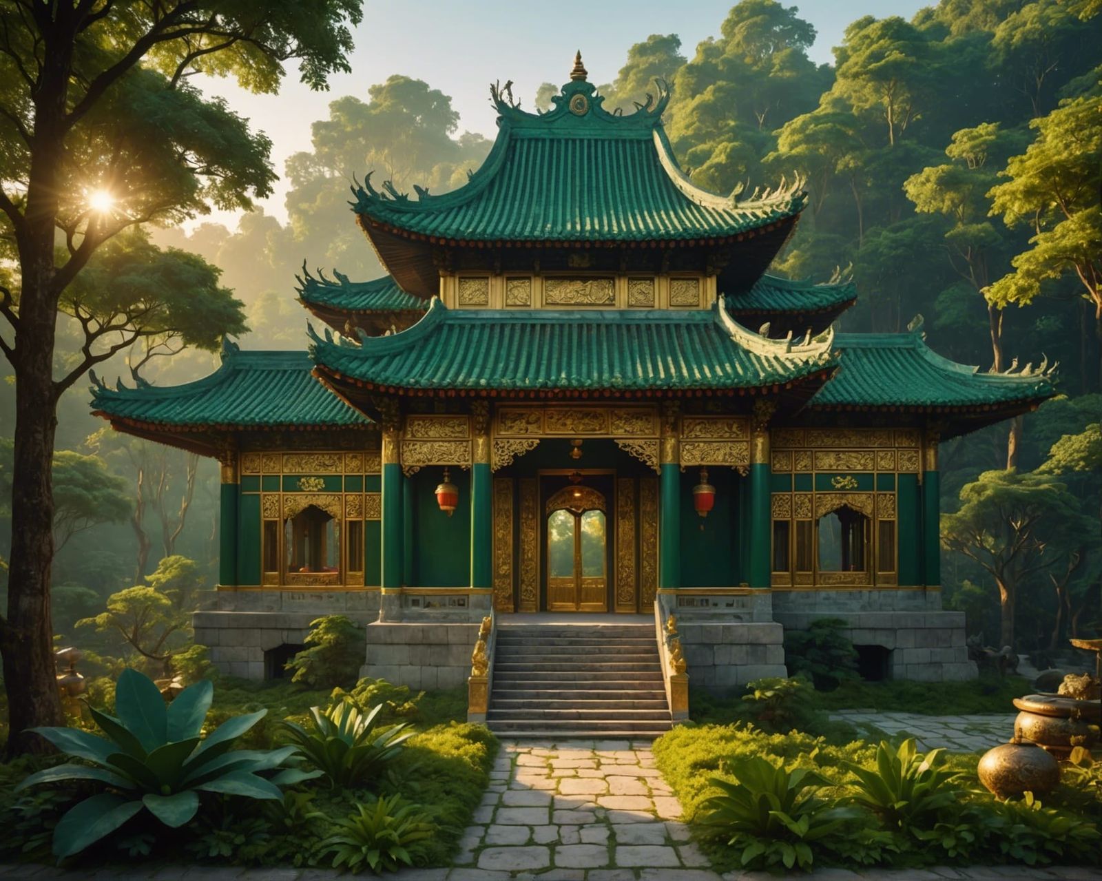 Magical Jade Palace in Forest Clearing at Magic Hour