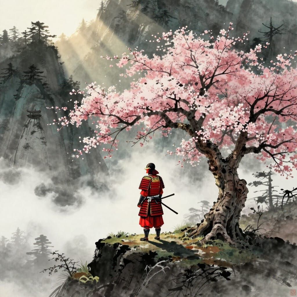 Samurai on Mountain Peak Overlooking Forest at Sunrise