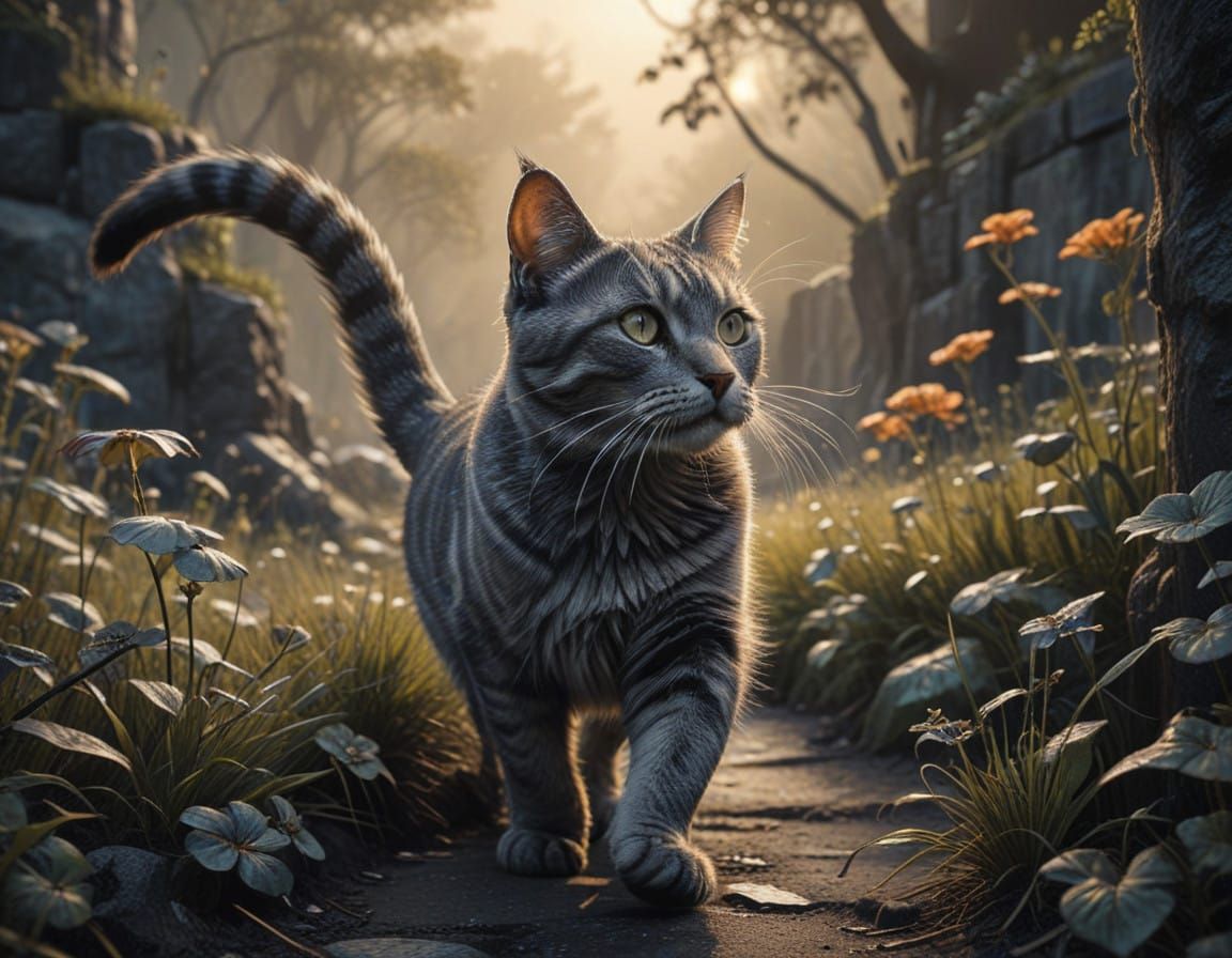 Elegant Cat Embarks on Solo Journey in Serene Fantasy Landsc...