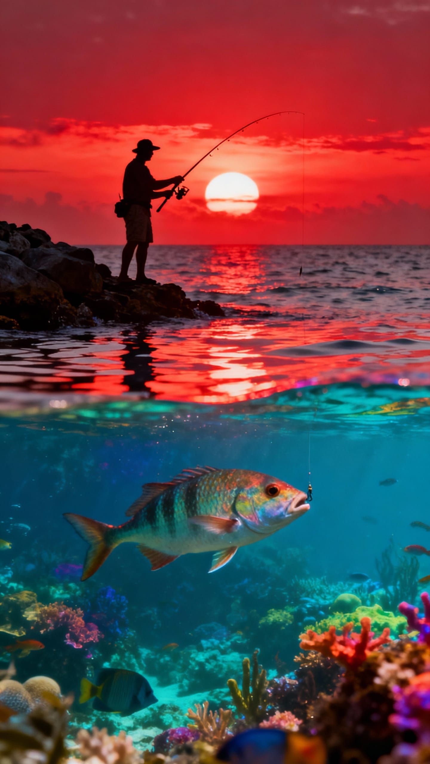 Fisherman's Double Exposure: Sunset Sea and Underwater World