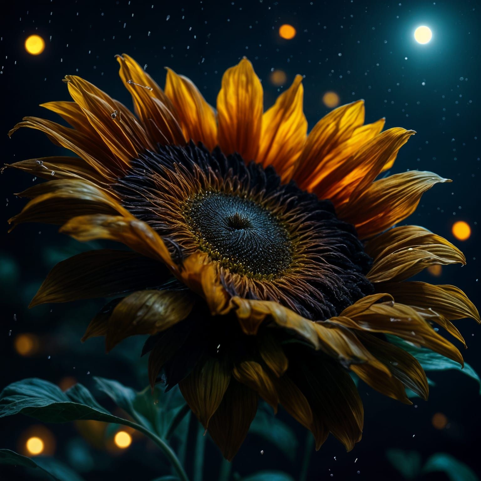 A single sunflower in the night