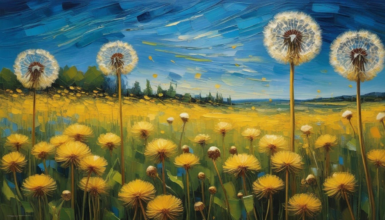 Vibrant Dandelions Dancing in a Serene Landscape