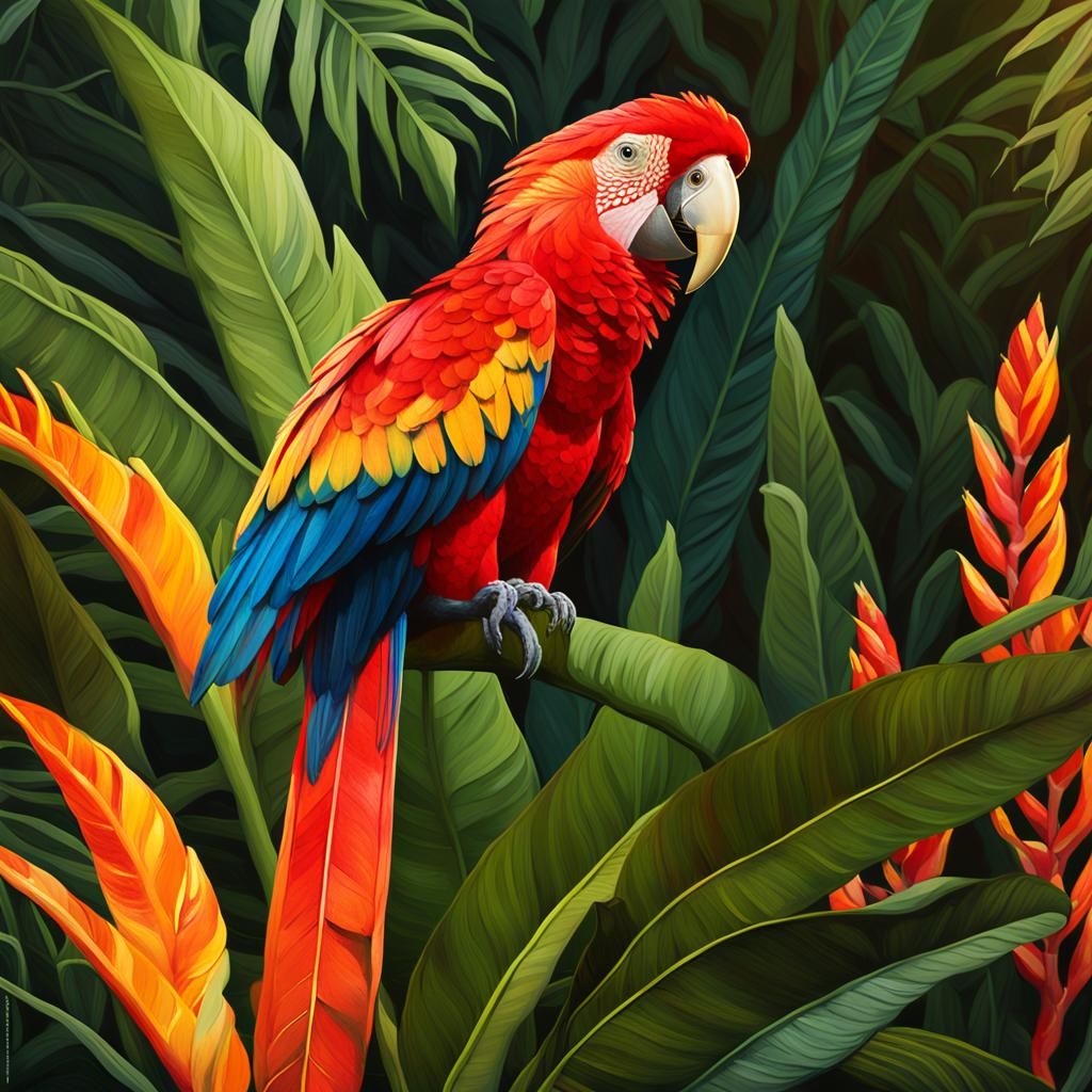 Scarlet Macaw on Heliconia Flower in Exotic Style