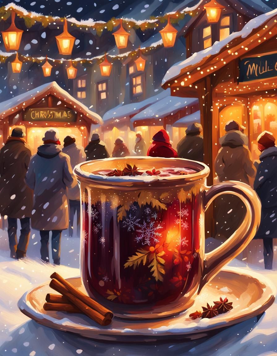 Festive Christmas Market Mulled Wine in Impressionist Style