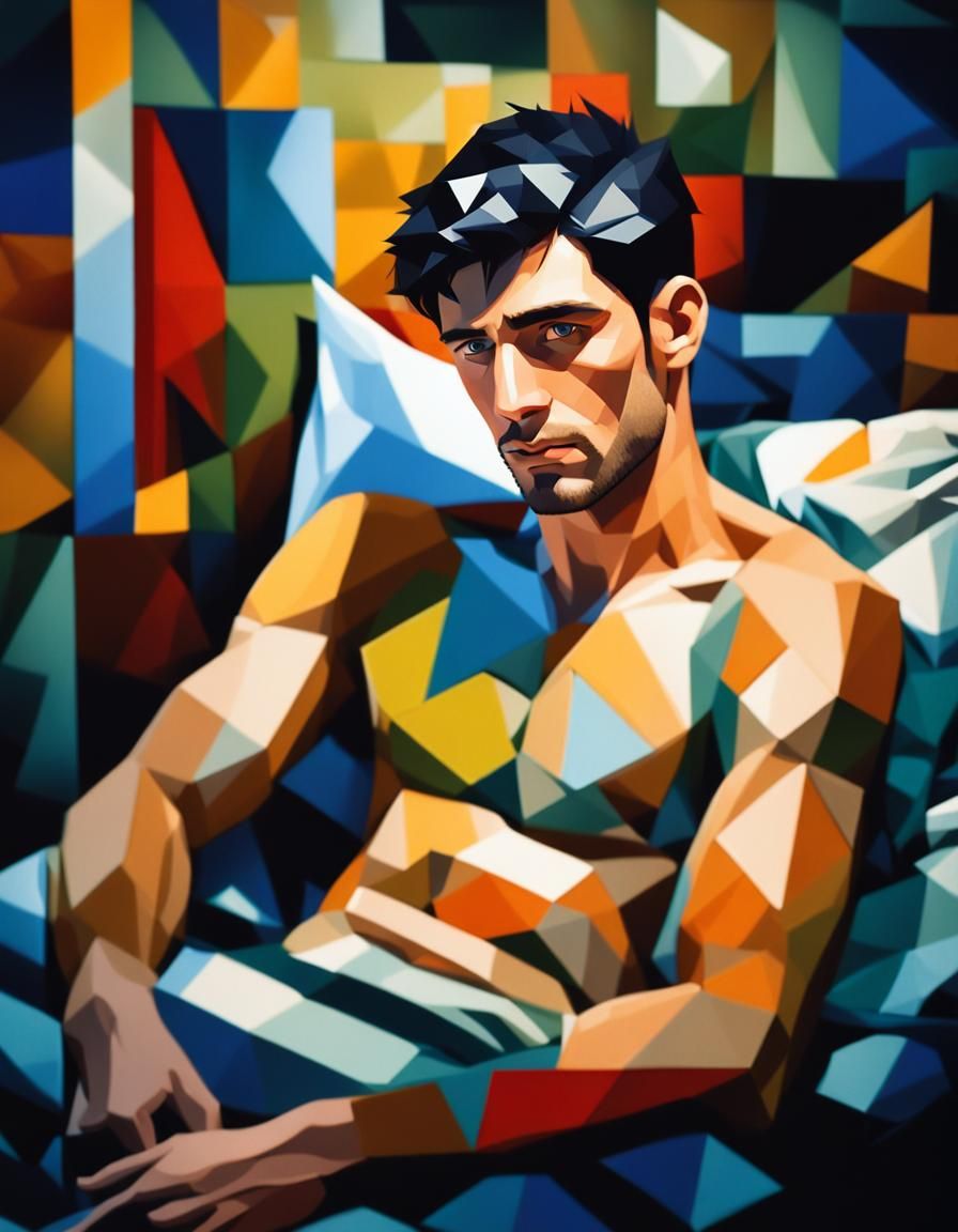 Handsome Man in Bed, Cubism Style Portrait
