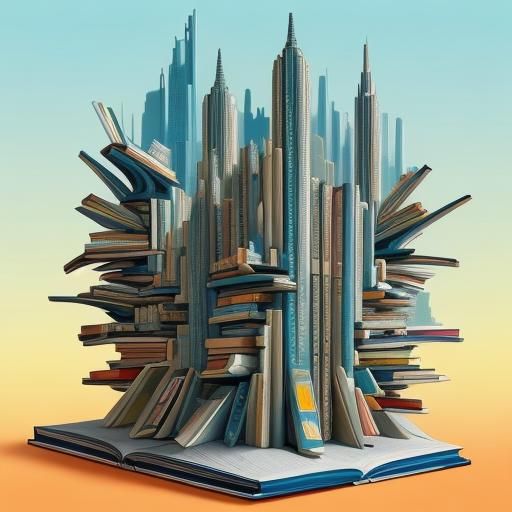 Futuristic city made of books, book city abstract art complementary colors fine details