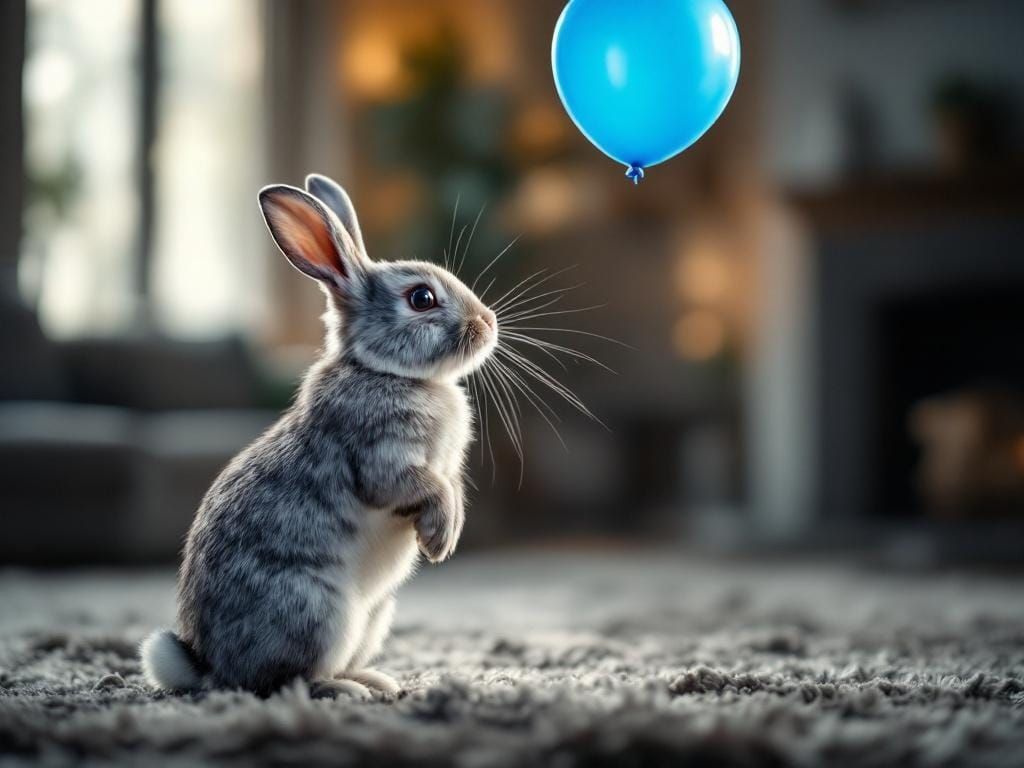 Dutch Rabbit Reaches for Falling Blue Balloon