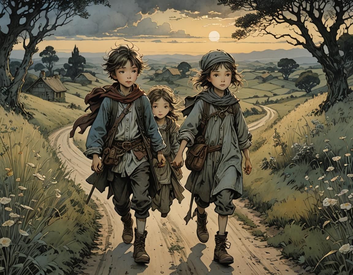 Cute Siblings' Journey at Dusk, Intricate Illustration