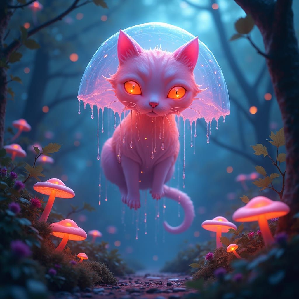 Vibrant Jelly Cat in Mystical Forest Aura