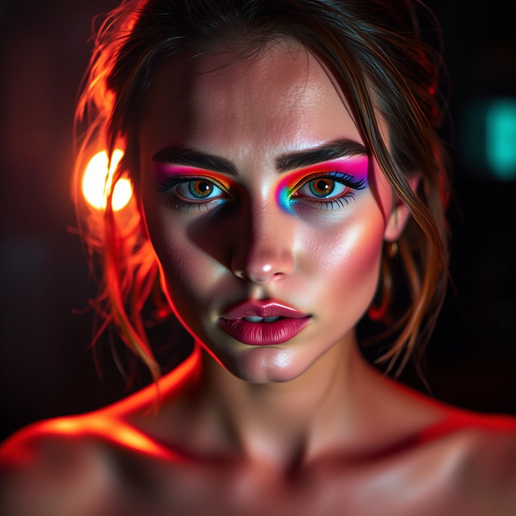 Woman with Rainbow Eyeshadow in Hyperrealistic Style