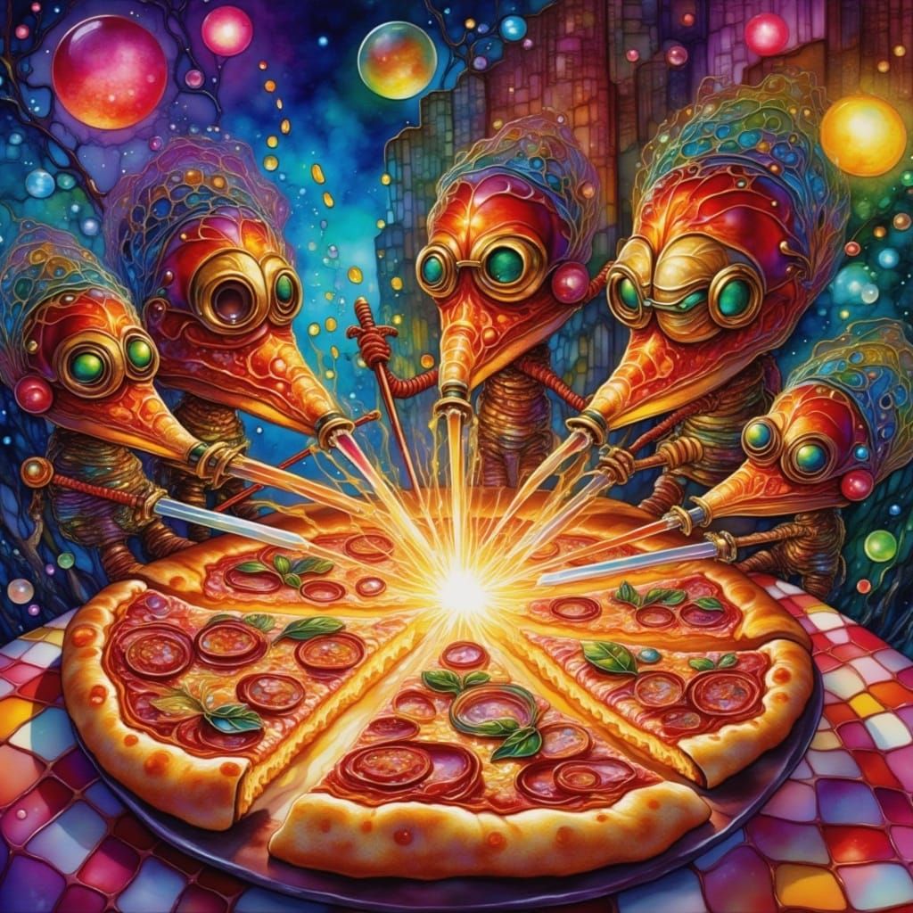 Pizza Slice Battle on Checkered Tablecloth