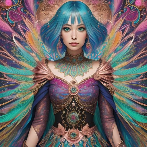 Rose Gold Woman with Feathers in Psychedelic Art