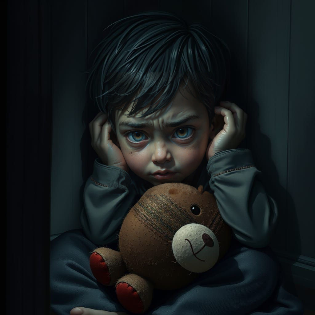 Young Boy Fears the Stormy Night in Triadic Colors