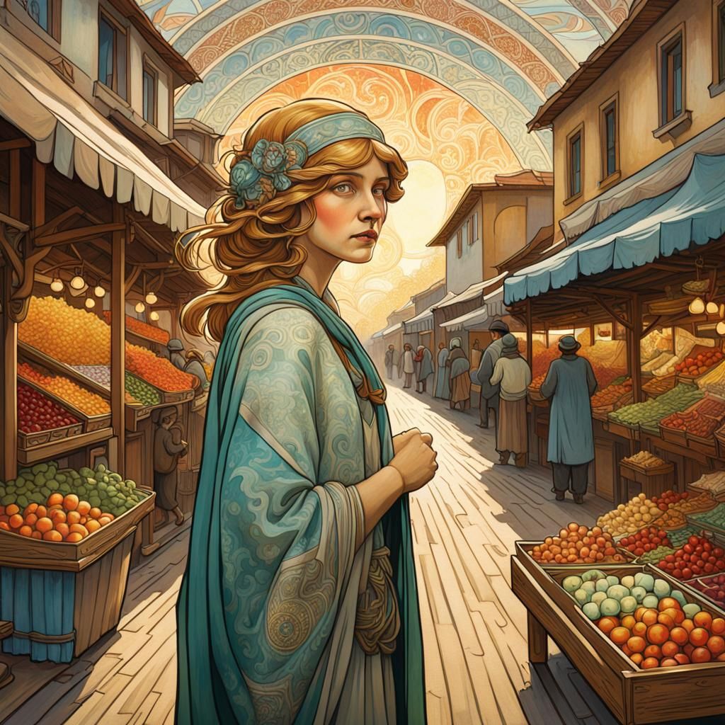Bustling Village Market in Art Deco Style