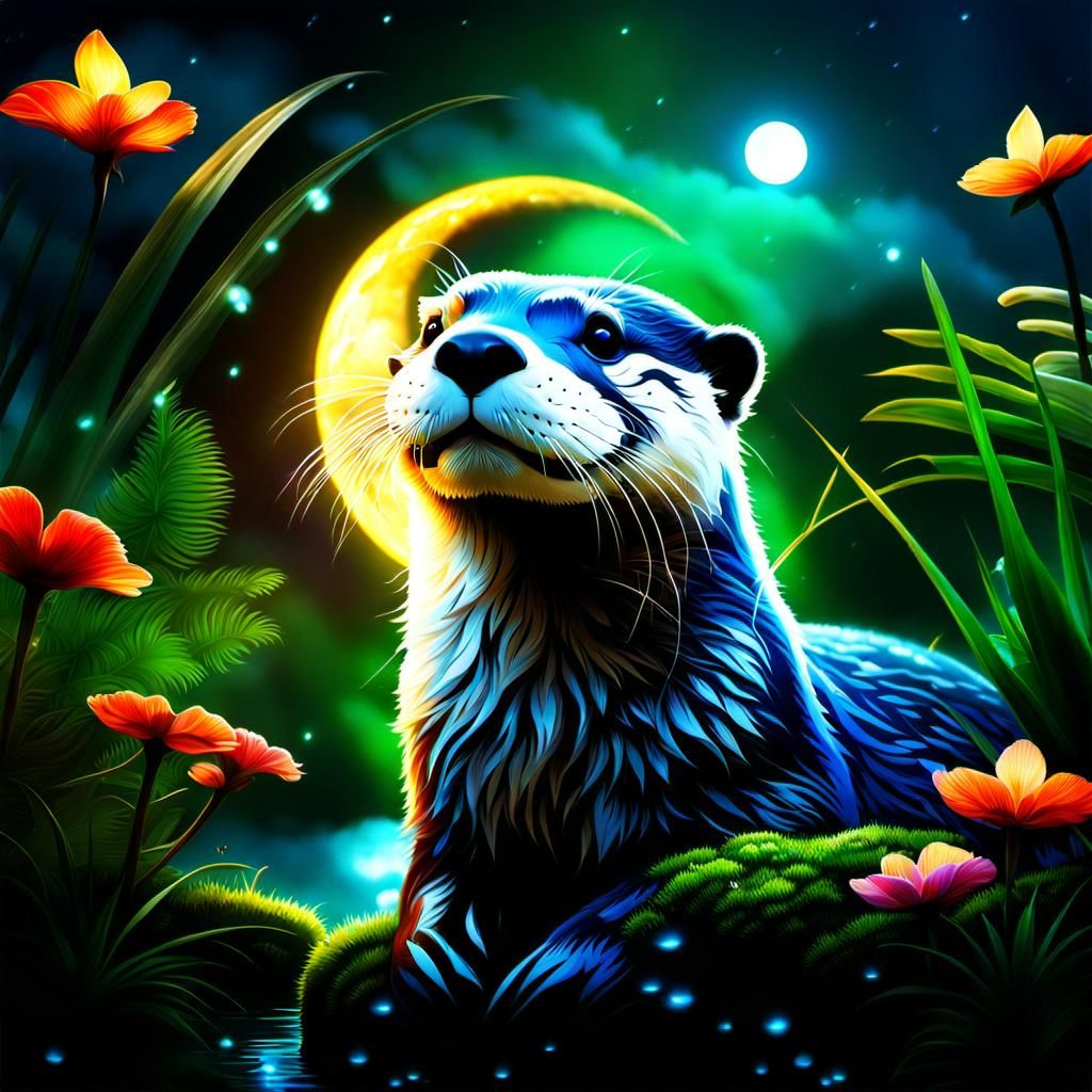 Otter in Tropical Rainforest with Bioluminescence