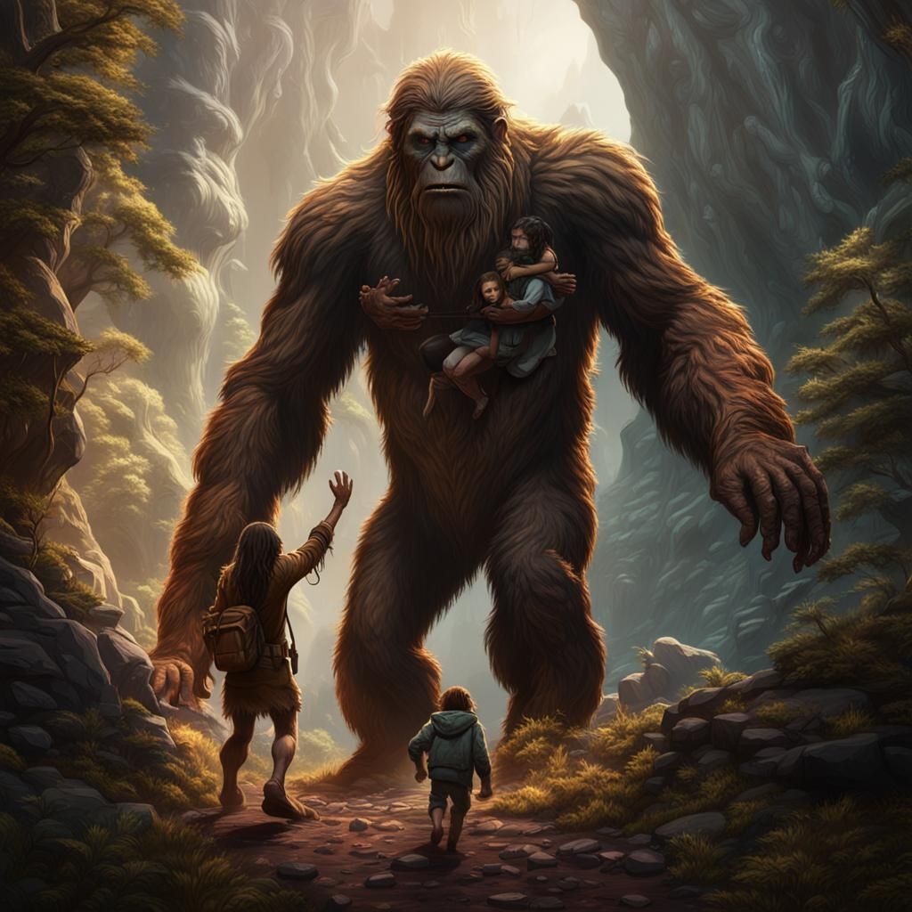 Sasquatch and Cave Girl in Matte Painting Style
