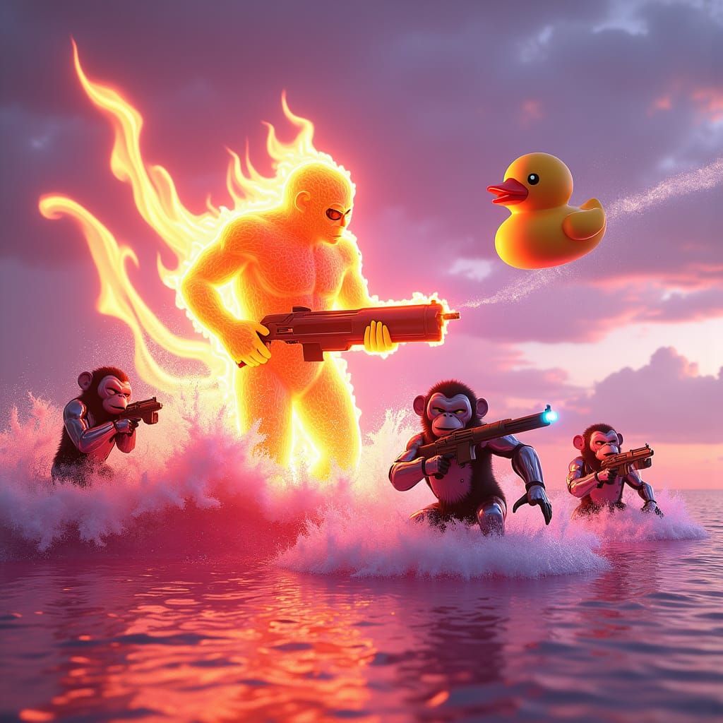 Fiery Ghost Battles Monkey Army on Neon Ocean