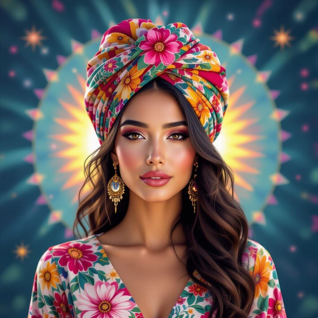 Radiant Woman in Vibrant Cosmic Style