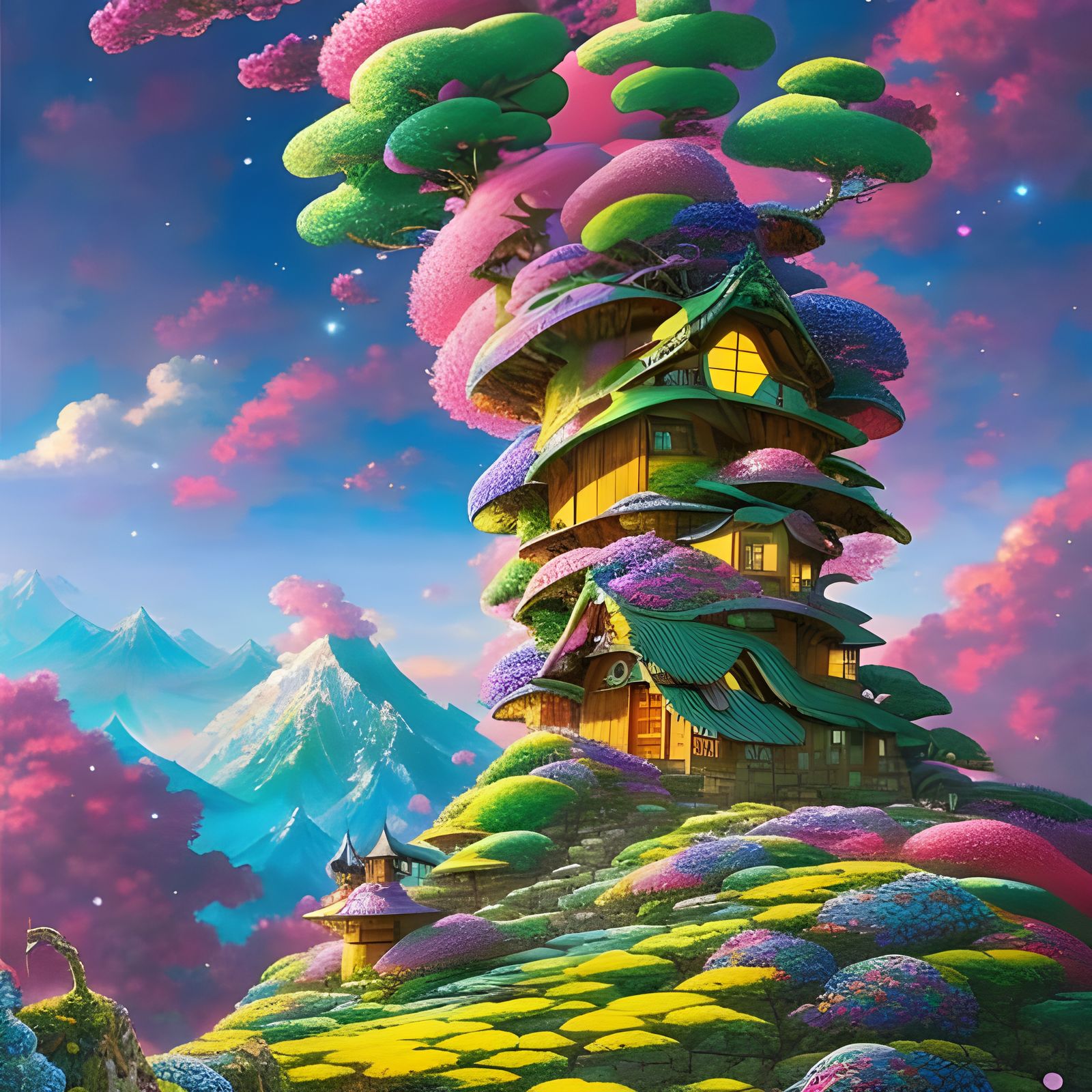 Fantasy Landscape with Whimsical Treehouse, Poster Art