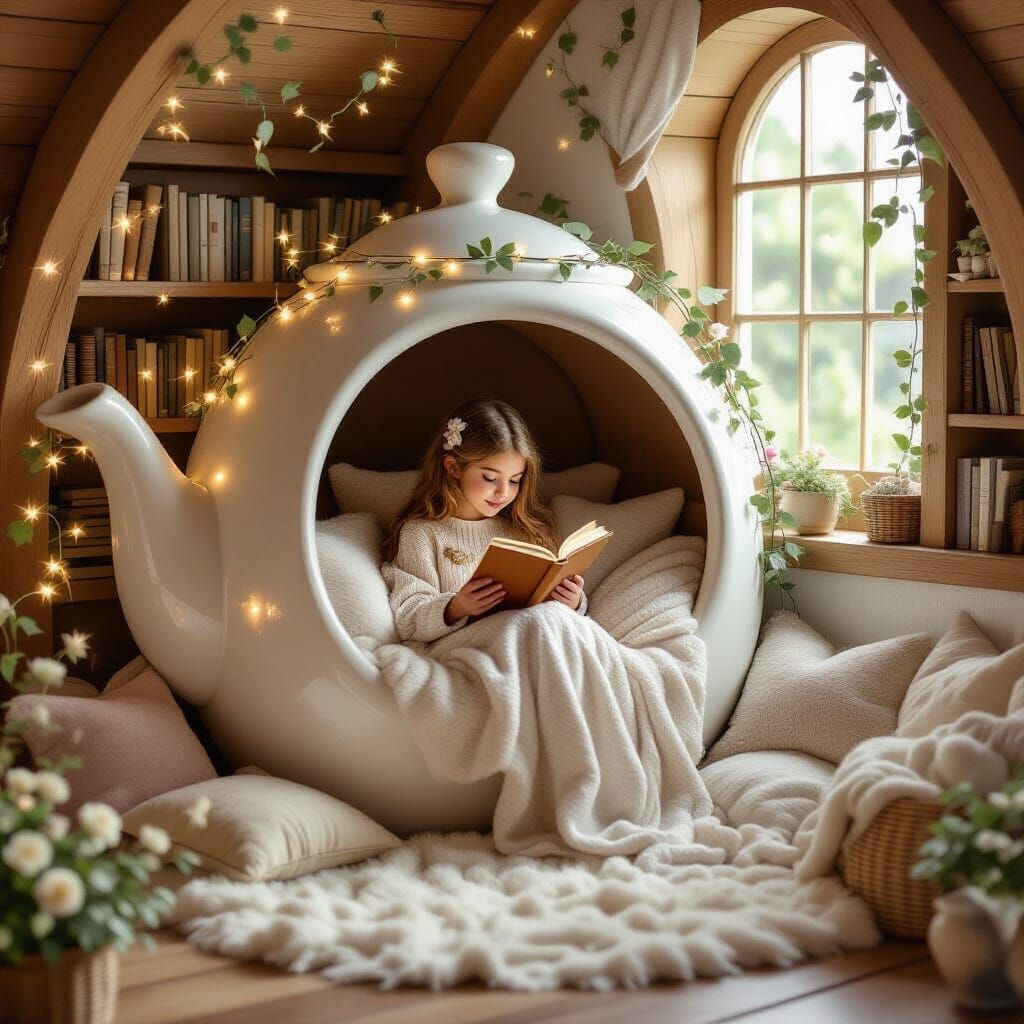 Cozy Teapot Reading Nook: Whimsical Fantasy Art