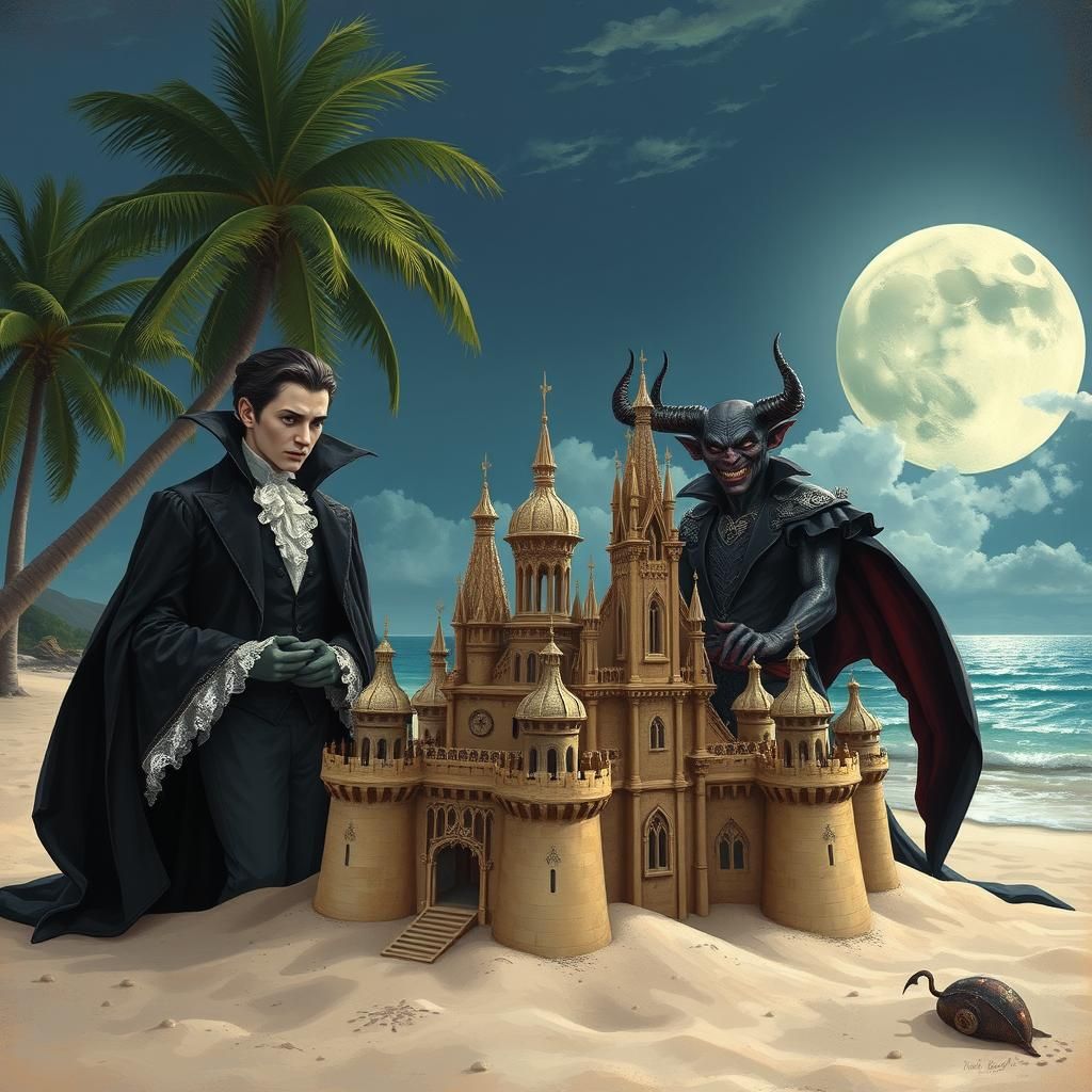 Victorian Vampires Build Sandcastle on Moonlit Beach